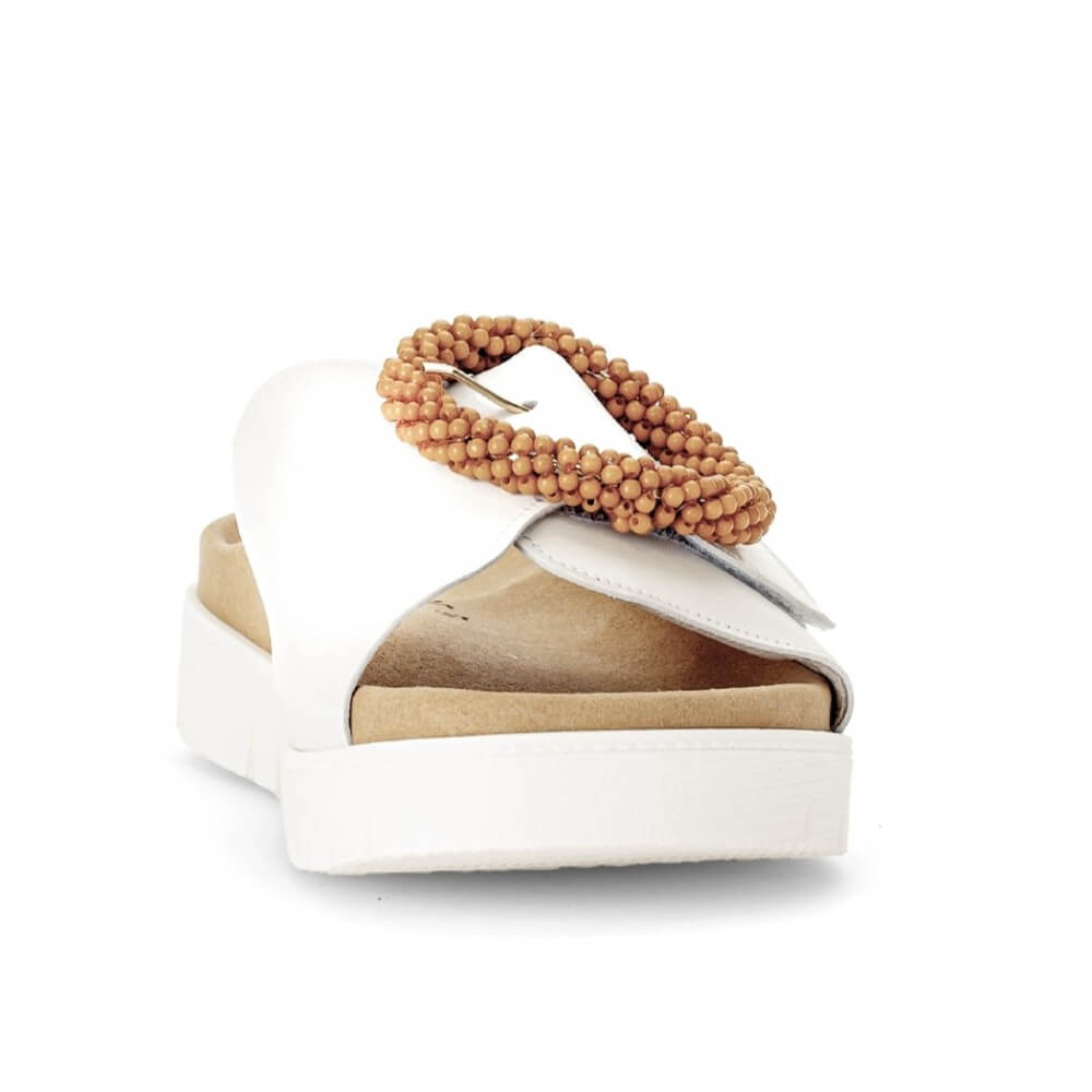 Gabor White sandal with a brown beaded strap on a white background