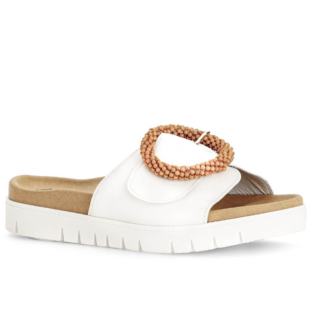 Gabor White sandal with a brown beaded strap on a white background