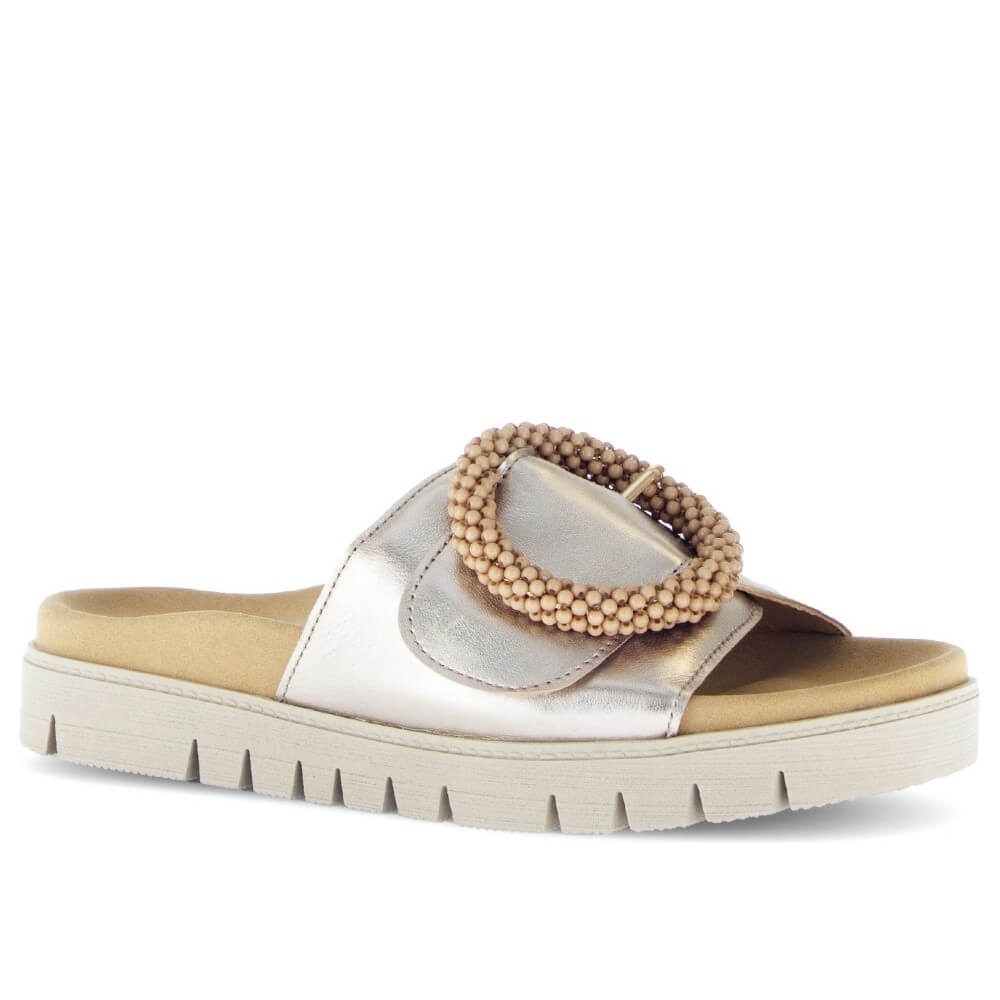 Gabor Gold Beige sandal with a beaded design on a white background