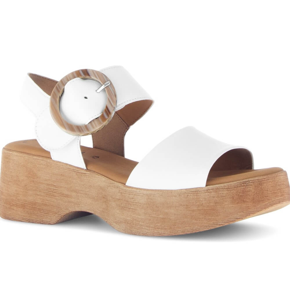 Gabor White sandal with wooden effect sole on a white background