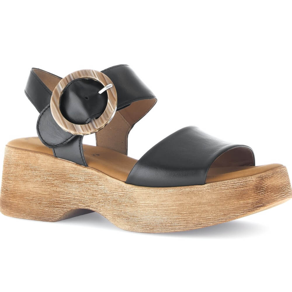 Gabor Black lather sandal with wooden effect platform and heel on a white background