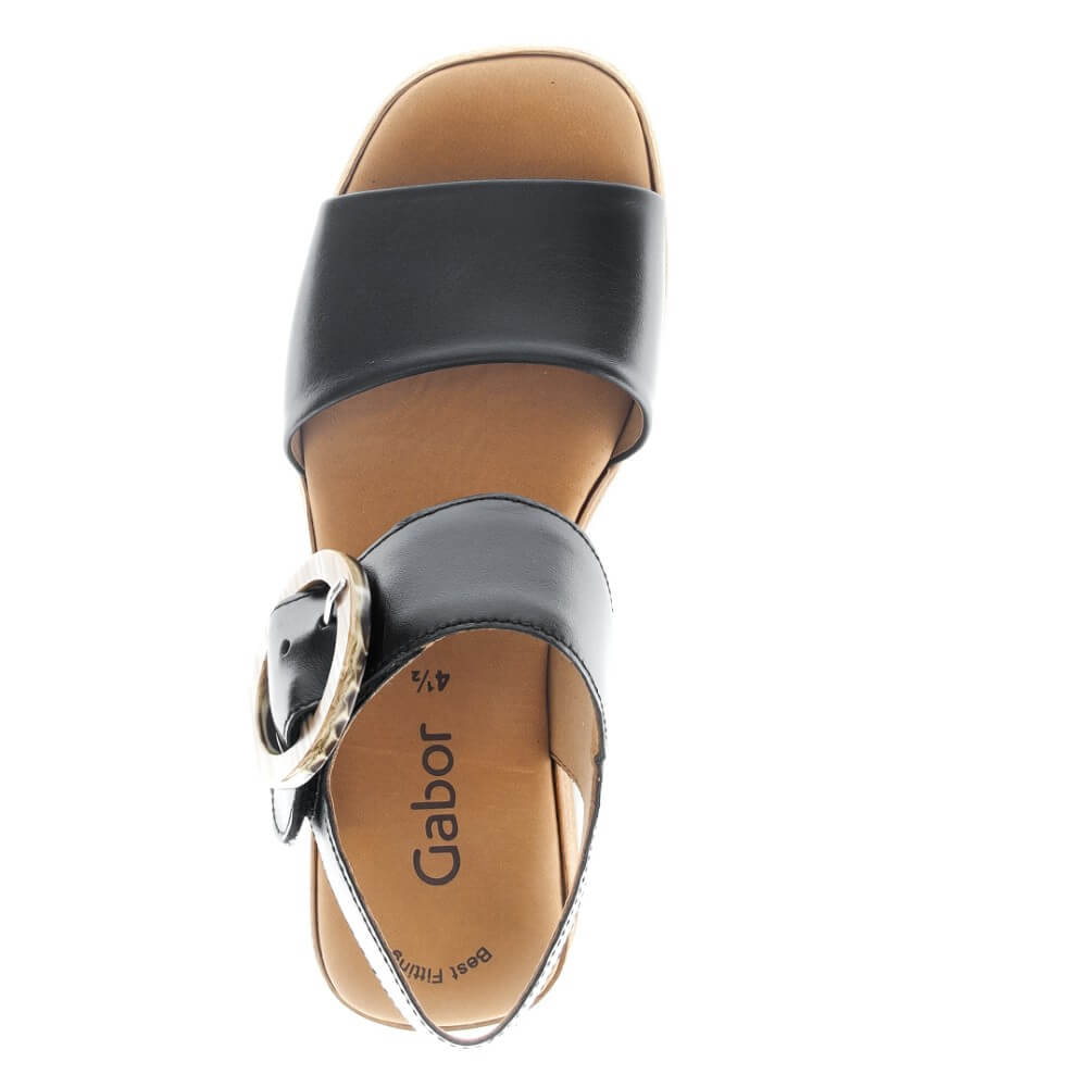 Gabor Black lather sandal with wooden effect platform and heel on a white background