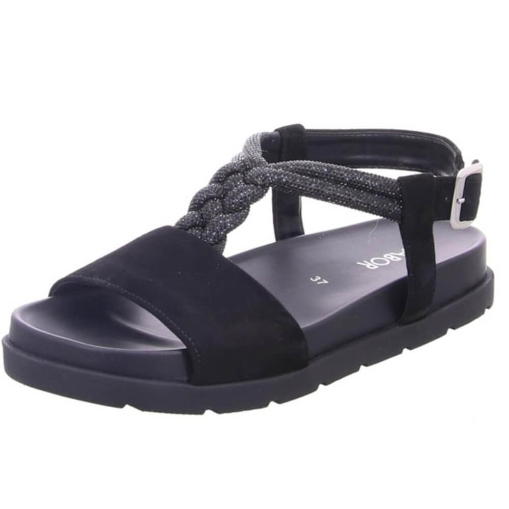 Gabor Black sandal with a braided strap on a white background