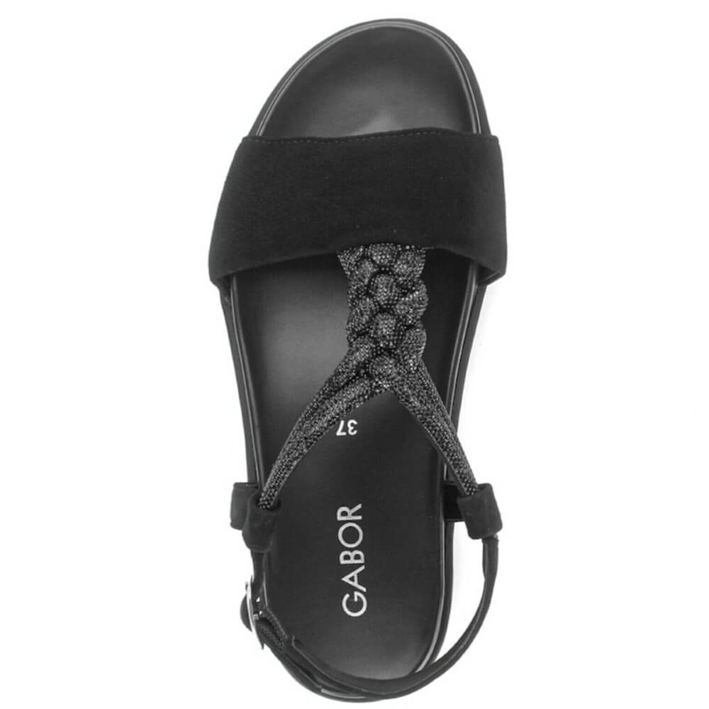 Gabor Black sandal with a braided strap on a white background