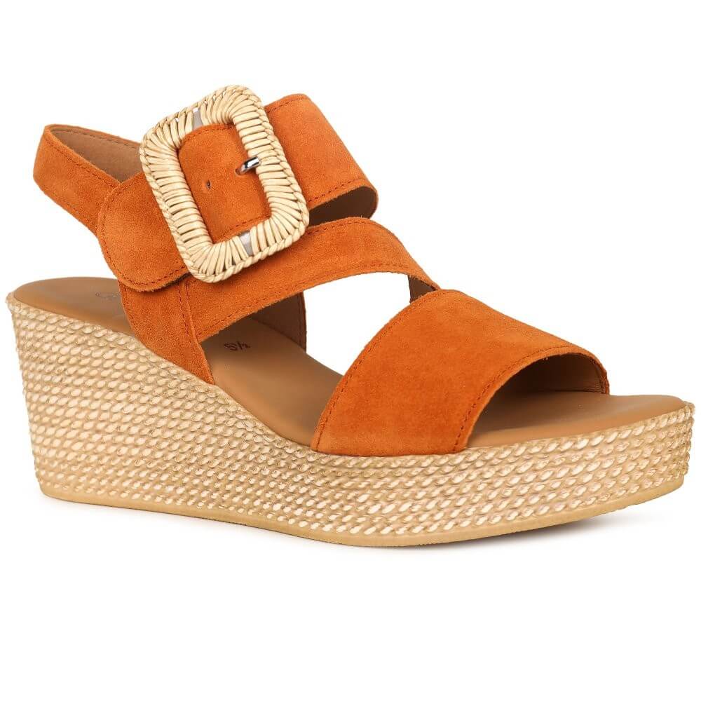 Gabor Orange wedge sandal with a woven strap on a white background