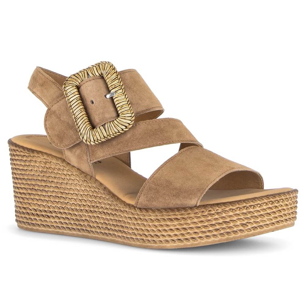 Gabor Tan wedge sandal with a golden buckle on a white background