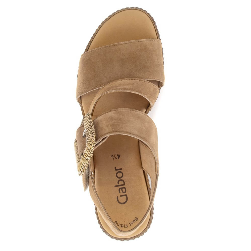 Gabor Tan wedge sandal with a golden buckle on a white background