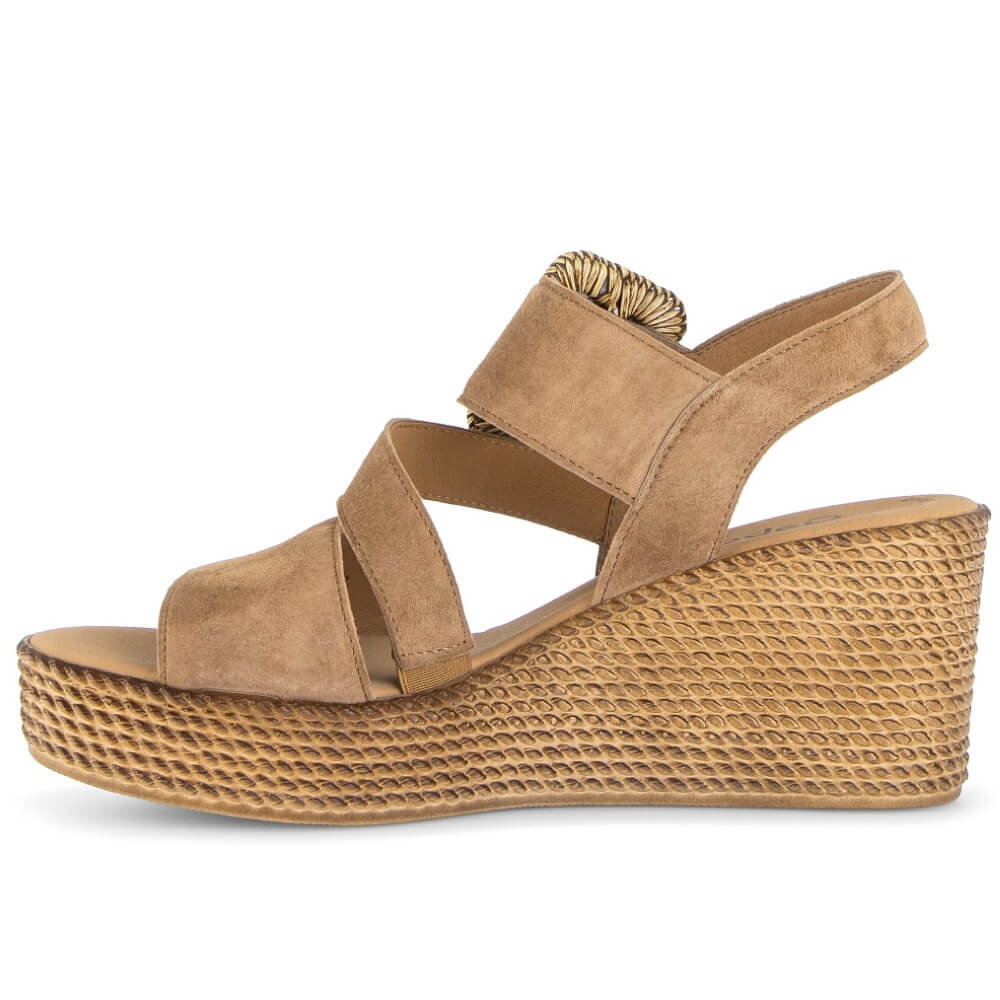 Gabor Tan wedge sandal with a golden buckle on a white background