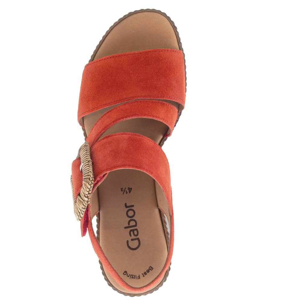 Gabor Red wedge sandal with a woven platform on a white background
