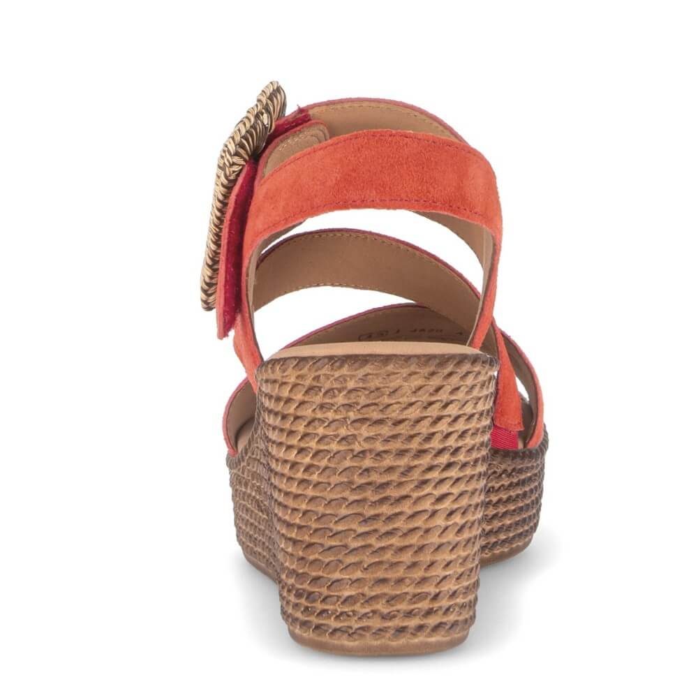 Gabor Red wedge sandal with a woven platform on a white background