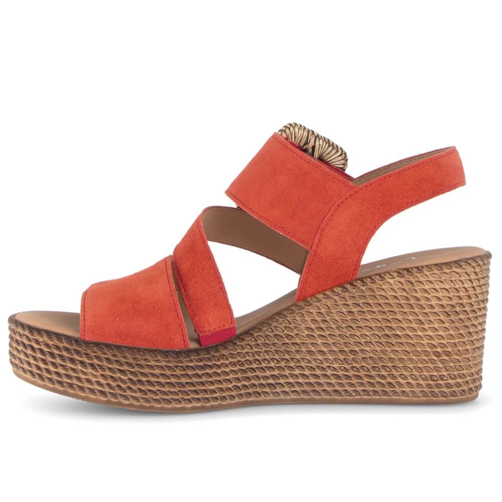 Gabor Red wedge sandal with a woven platform on a white background