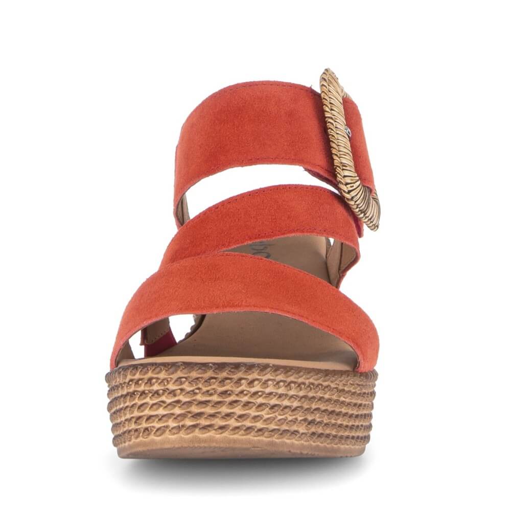 Gabor Red wedge sandal with a woven platform on a white background