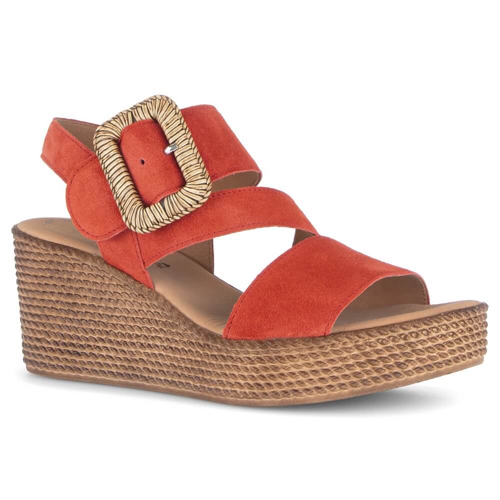 Gabor Red wedge sandal with a woven platform on a white background