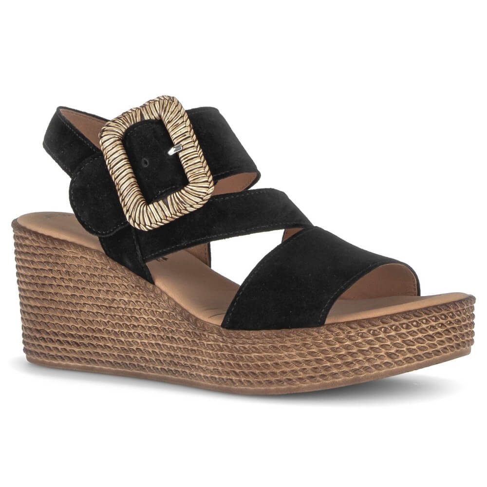 Gabor Black wedge sandal with a woven buckle and a platform on a white background