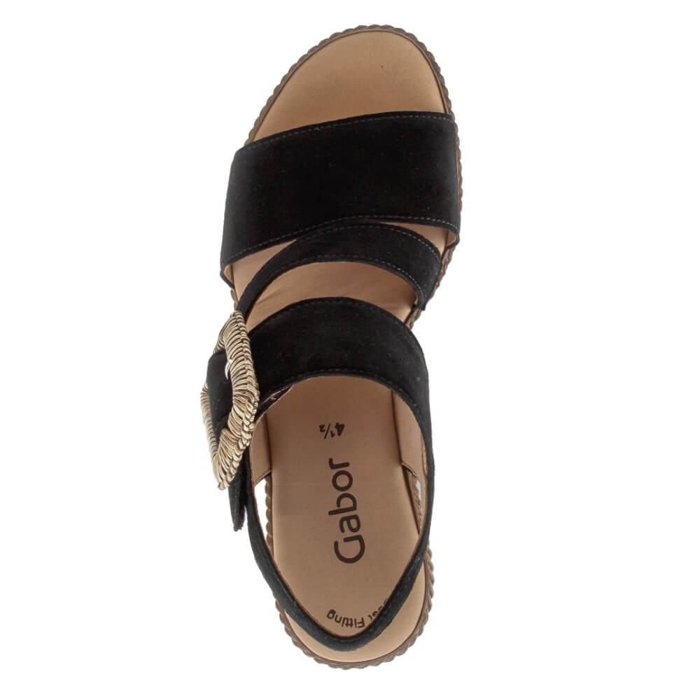Gabor Black wedge sandal with a woven buckle and a platform on a white background