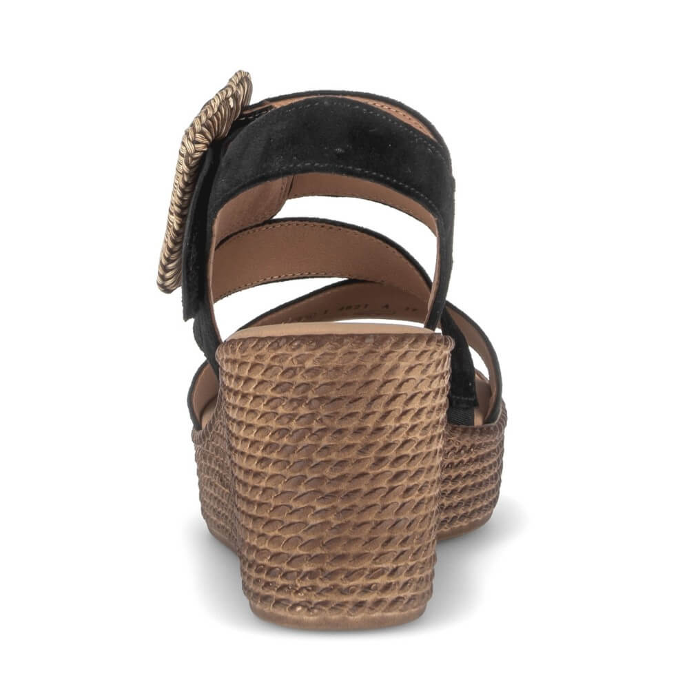 Gabor Black wedge sandal with a woven buckle and a platform on a white background