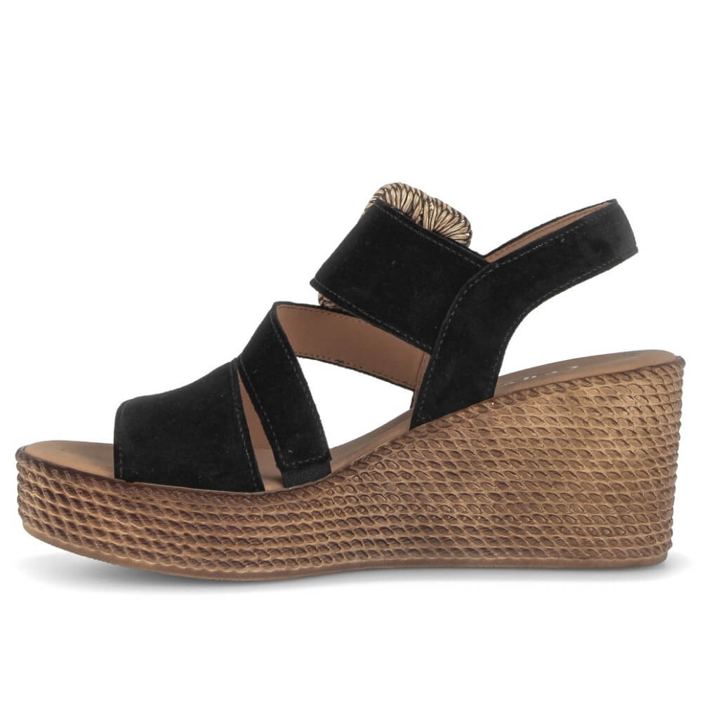 Gabor Black wedge sandal with a woven buckle and a platform on a white background