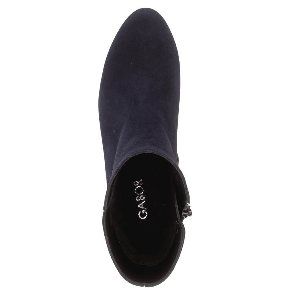 A single navy blue suede ankle boot shown from a top-down view on a plain white background. The brand name 'GABOR' is printed in white on the black interior lining.