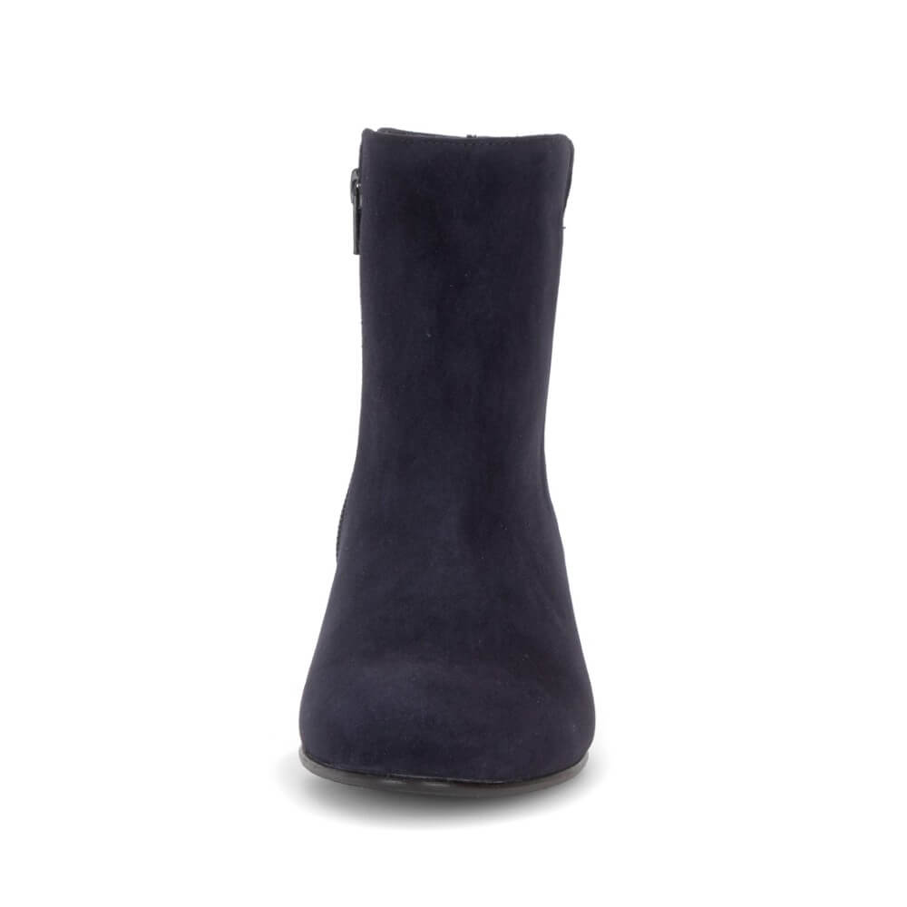 A single navy blue suede ankle boot with a side zipper, shown from a front-facing perspective on a clean white background.