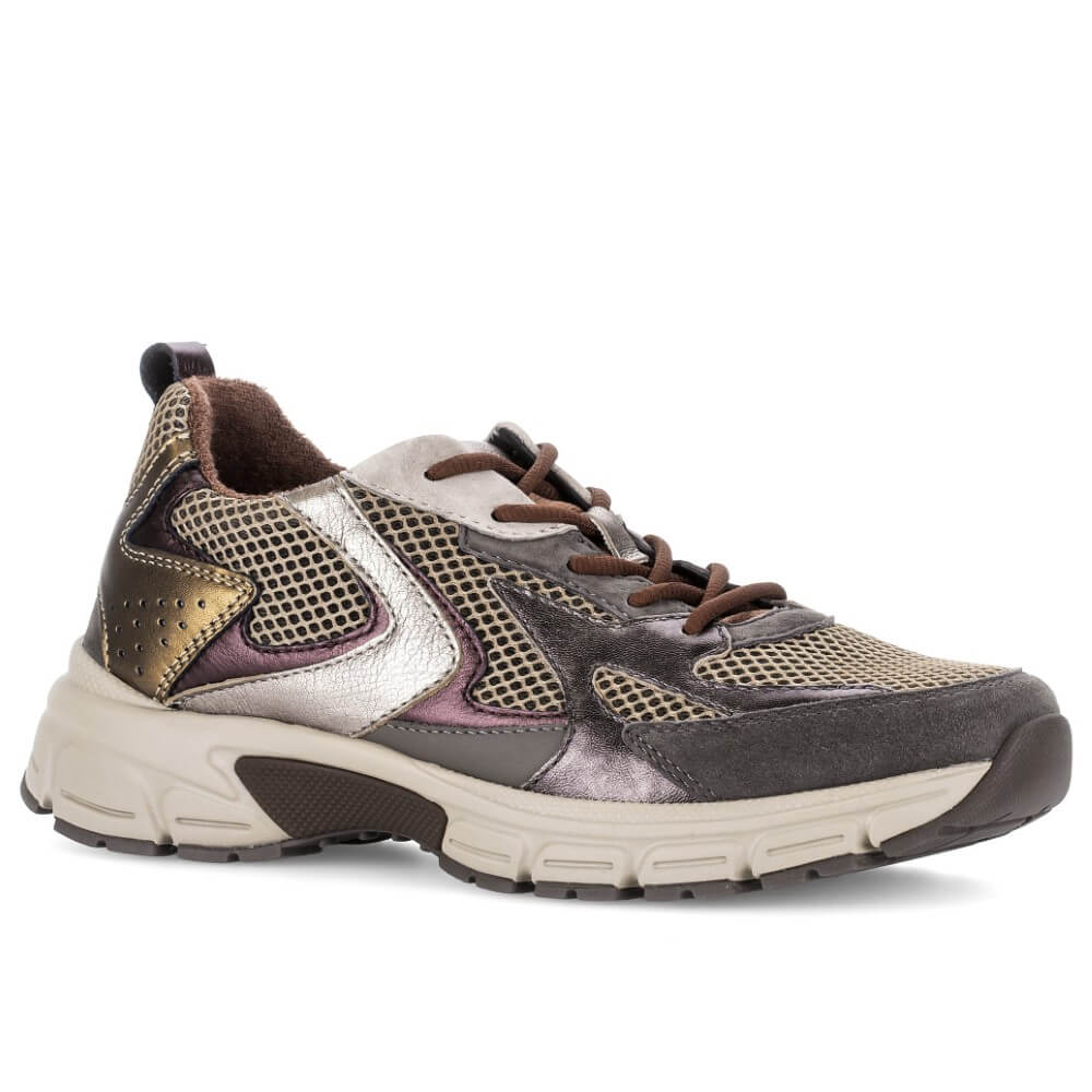 A Gabor low-top athletic sneaker shown in a side profile view against a plain white background. The shoe features a metallic silver and bronze side panel, brown mesh and suede overlays, brown laces, and a thick cream-colored midsole.