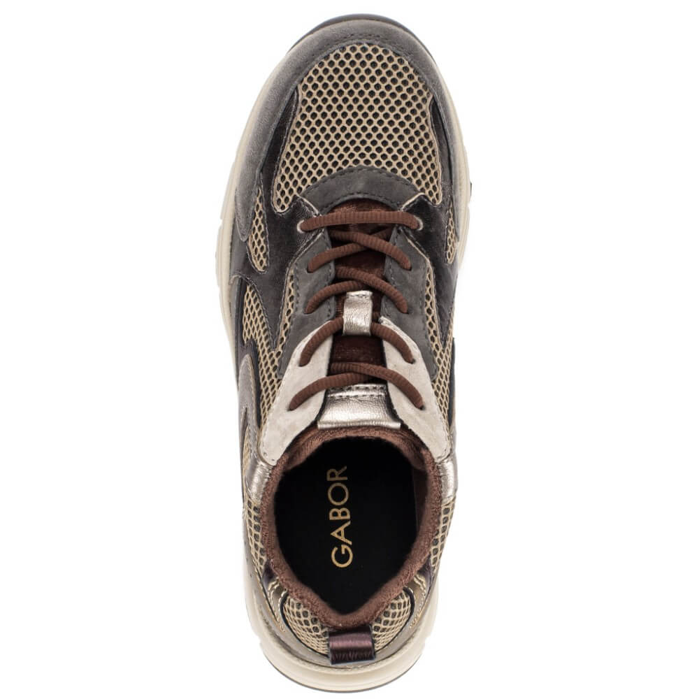 A single Gabor brand athletic sneaker shown from a top-down view against a plain white background. The shoe features a mix of dark brown suede, beige mesh, and metallic silver overlays, with brown laces and a black interior.