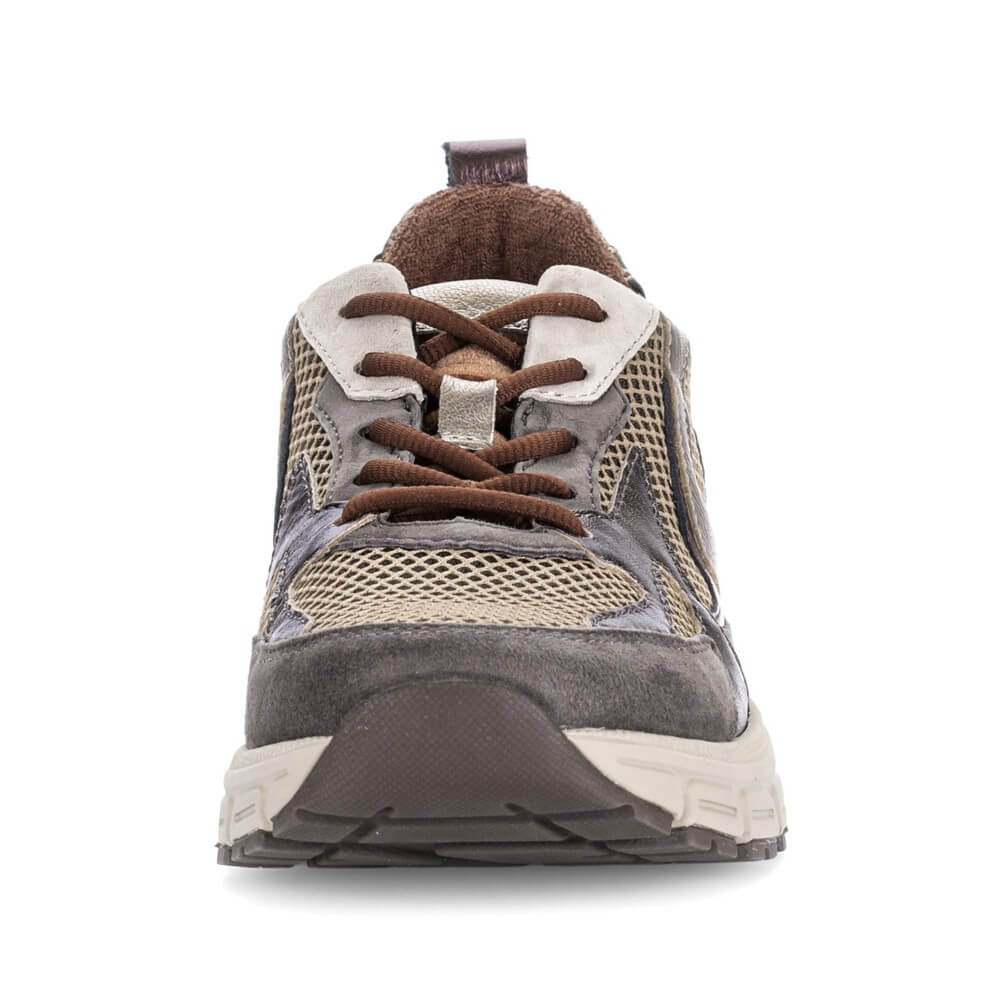 A Gabor low-top athletic sneaker shown from a front-facing perspective on a white background. The shoe features a mix of dark gray suede, beige mesh, and brown details, including brown laces and a brown pull tab.
