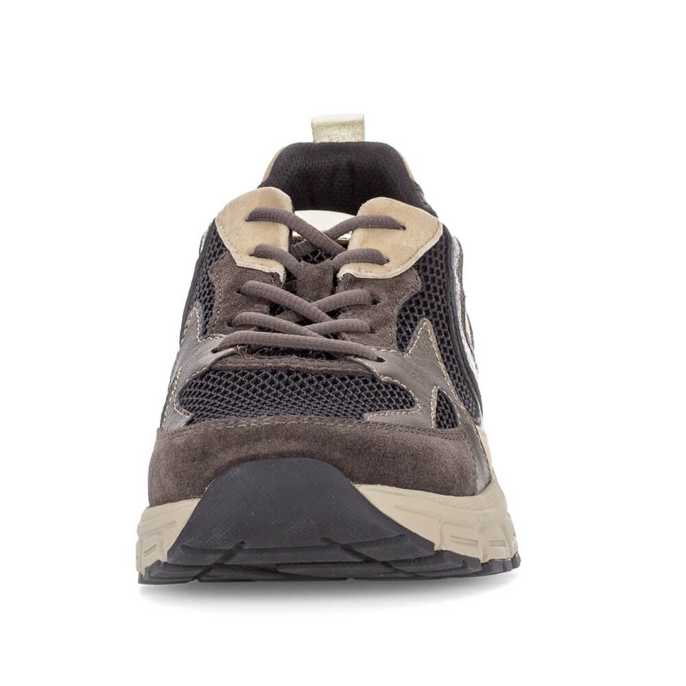 A Gabor low-top athletic sneaker in beige, brown, and black, featuring a mix of textured materials including mesh, suede, and snakeskin print, with a chunky beige and black sole.