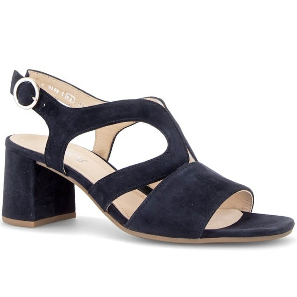 Gabor Navy blue sandal with a block heel on a white background