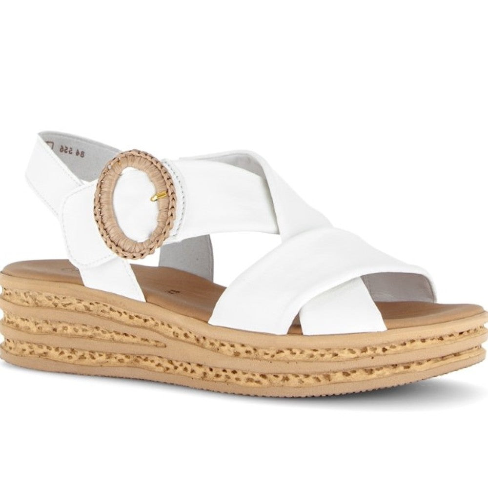 Gabor White sandal with wooden wedge sole on a white background