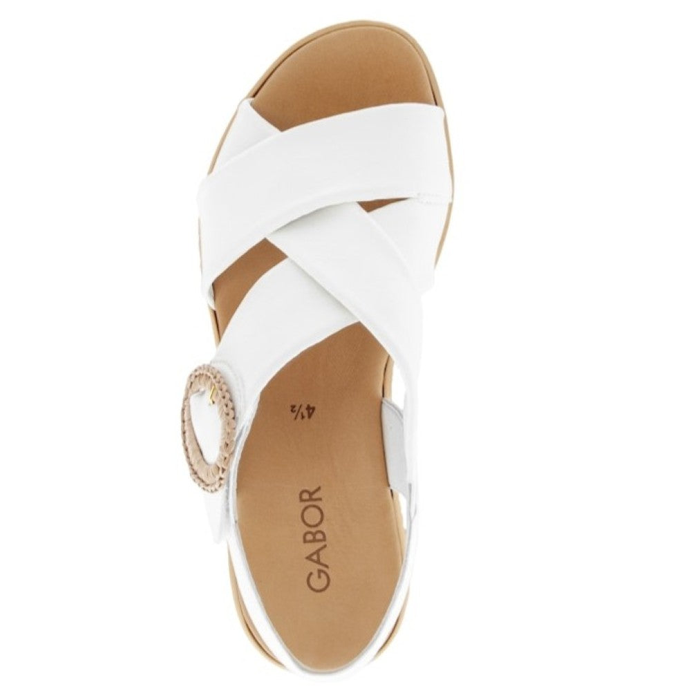 Gabor White sandal with wooden wedge sole on a white background