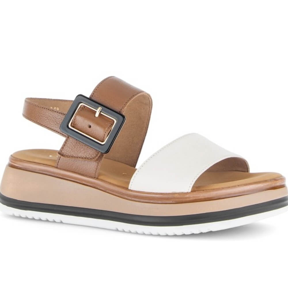 Gabor Brown and white sandal with a buckle on a white background