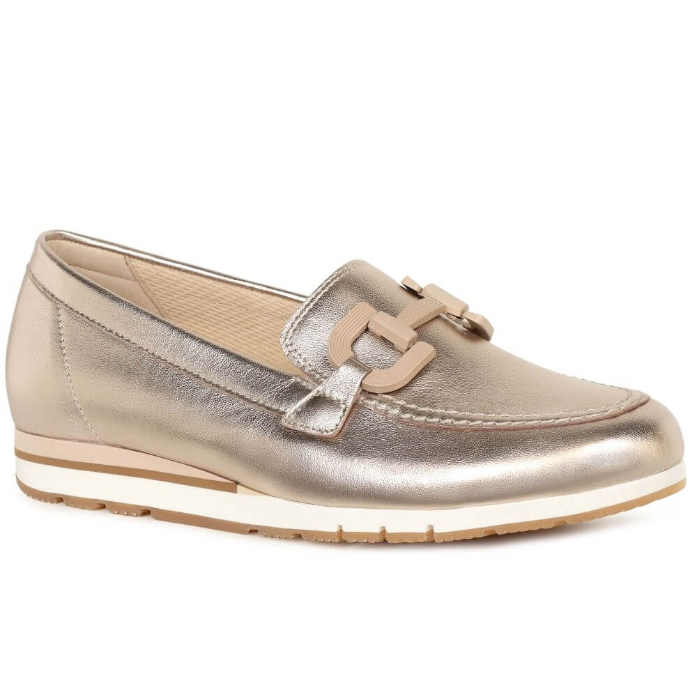 Gabor Gold metallic loafer shoe on a white background