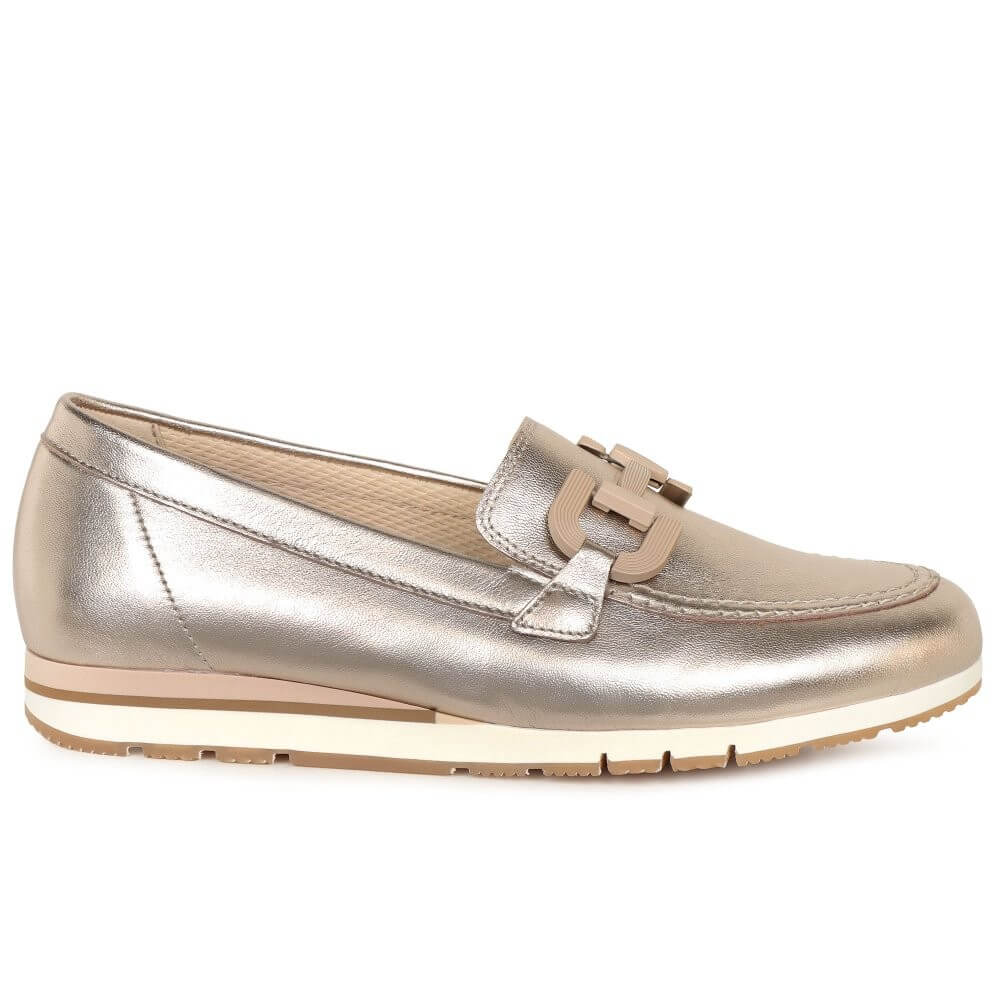 Gabor Gold metallic loafer shoe on a white background