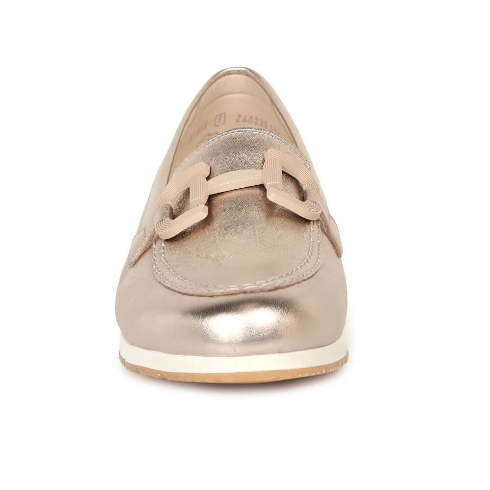 Gabor Gold metallic loafer shoe on a white background