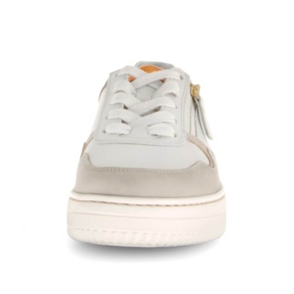 beige and off white lace-up with a side zip leopard heel detail 