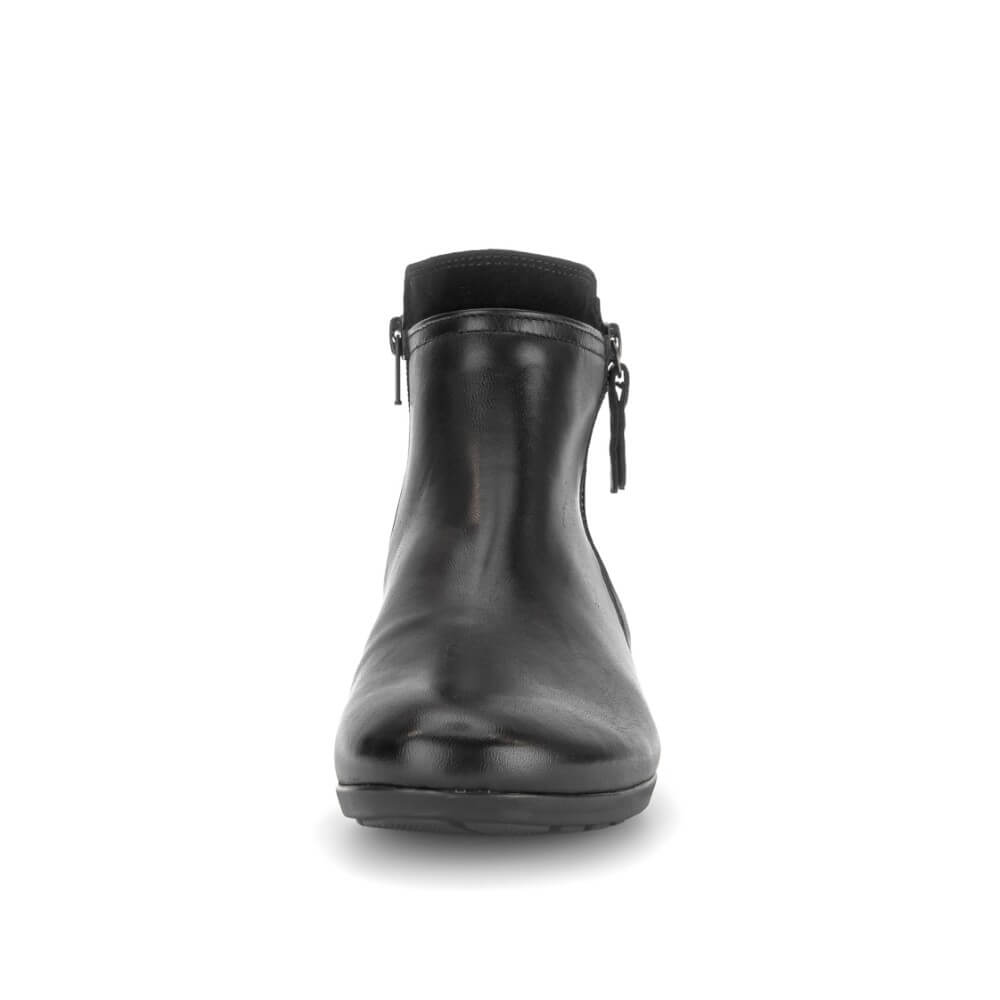 A black leather ankle boot with a side zipper, shown from a front-facing perspective on a white background.