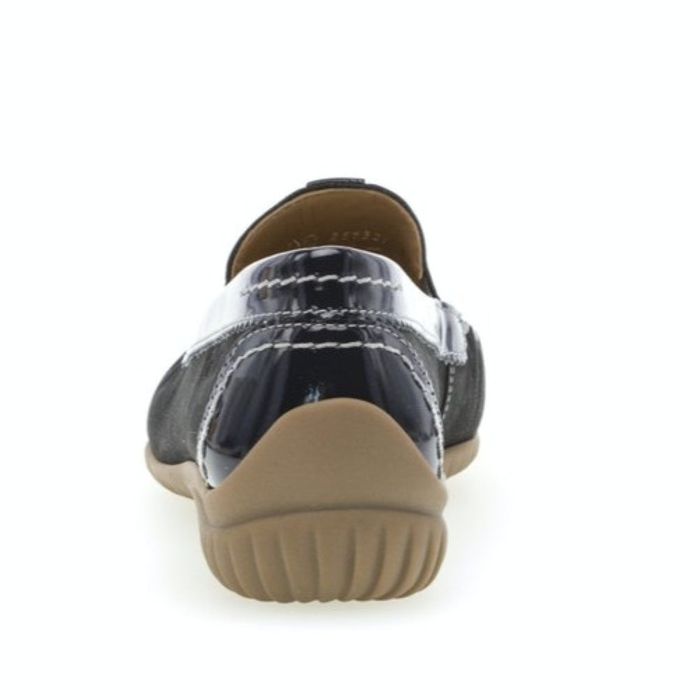 Gabor Navy Moccasin loafer shoe with white stitching on a white background