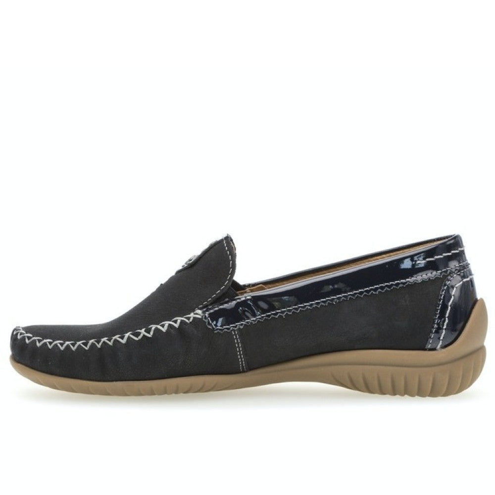 Gabor Navy Moccasin loafer shoe with white stitching on a white background