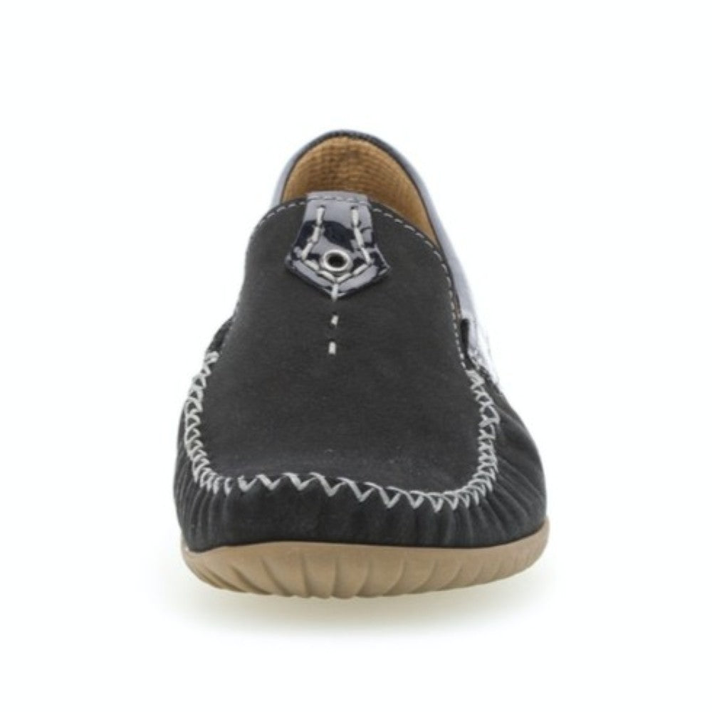 Gabor Navy Moccasin loafer shoe with white stitching on a white background