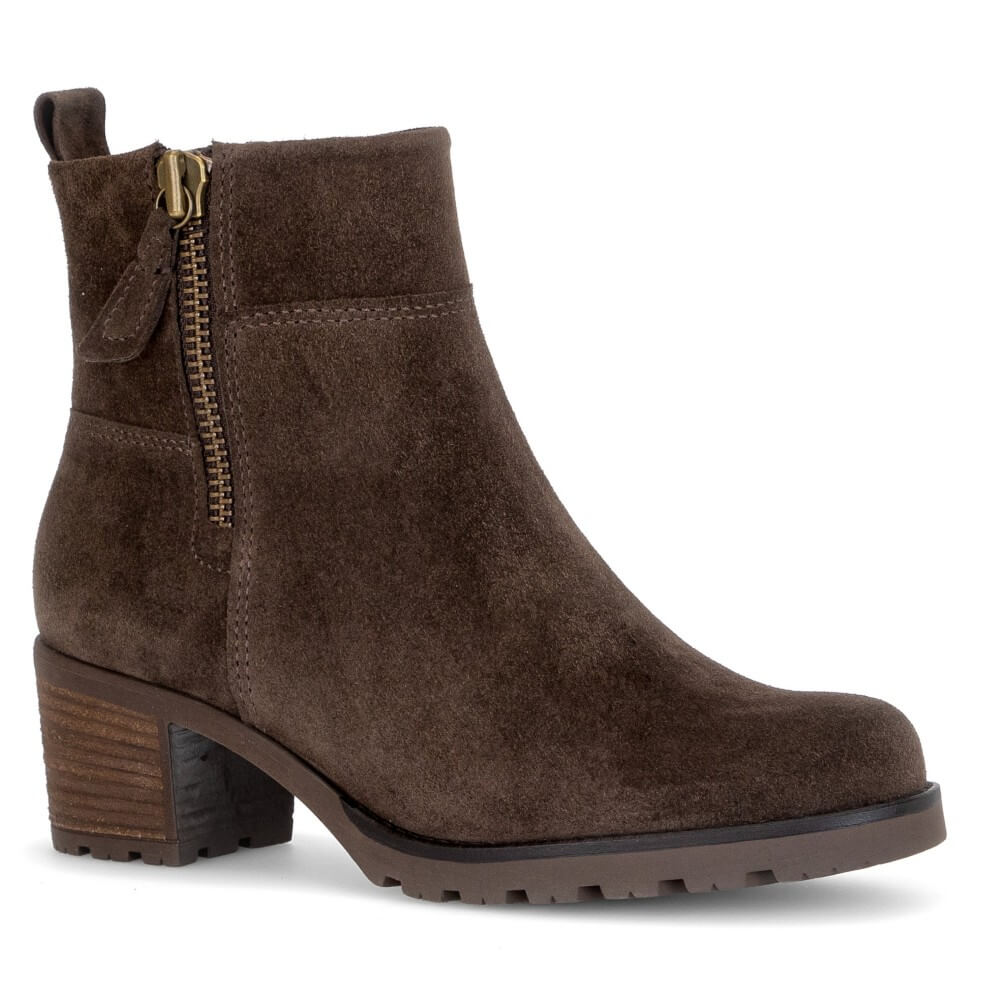 A Gabor dark brown suede ankle boot with a side zipper, block heel, and lug sole, shown from a side profile on a white background.