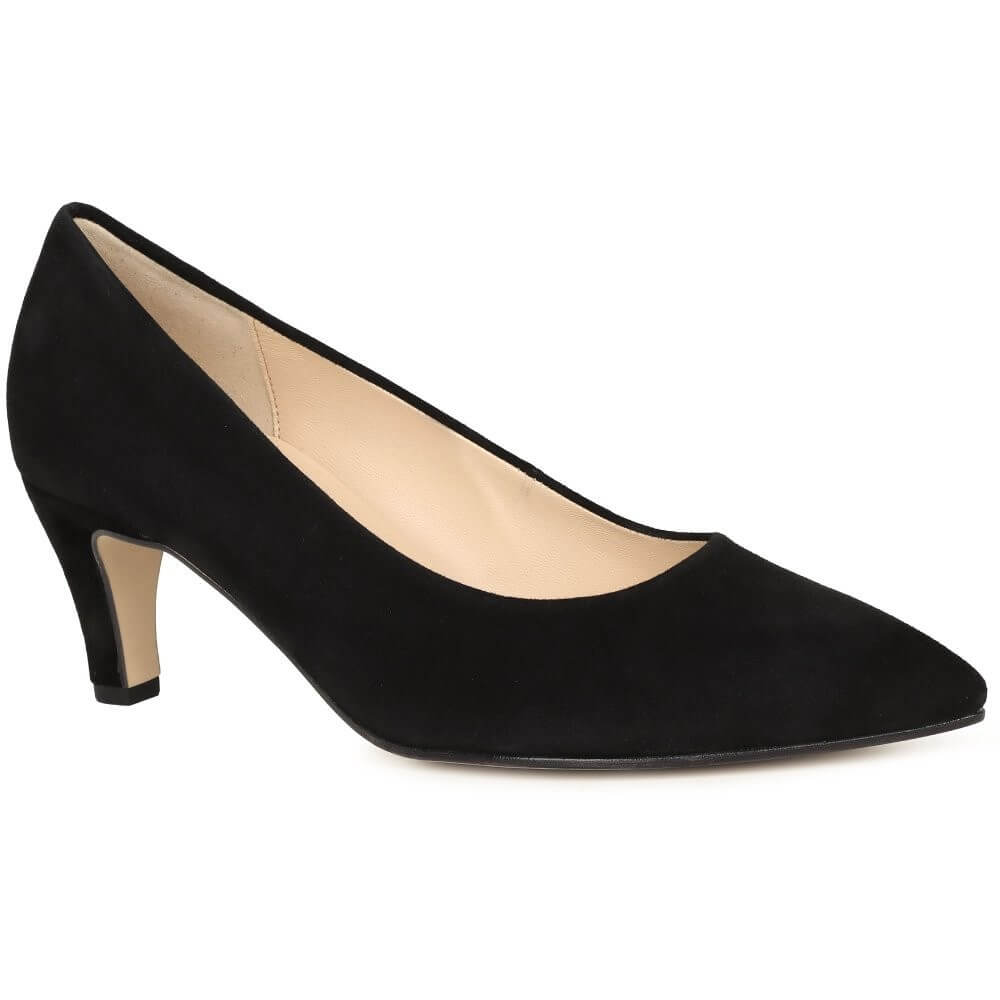 A Gabor black suede pointed-toe pump with a mid-height kitten heel, on a white background.
