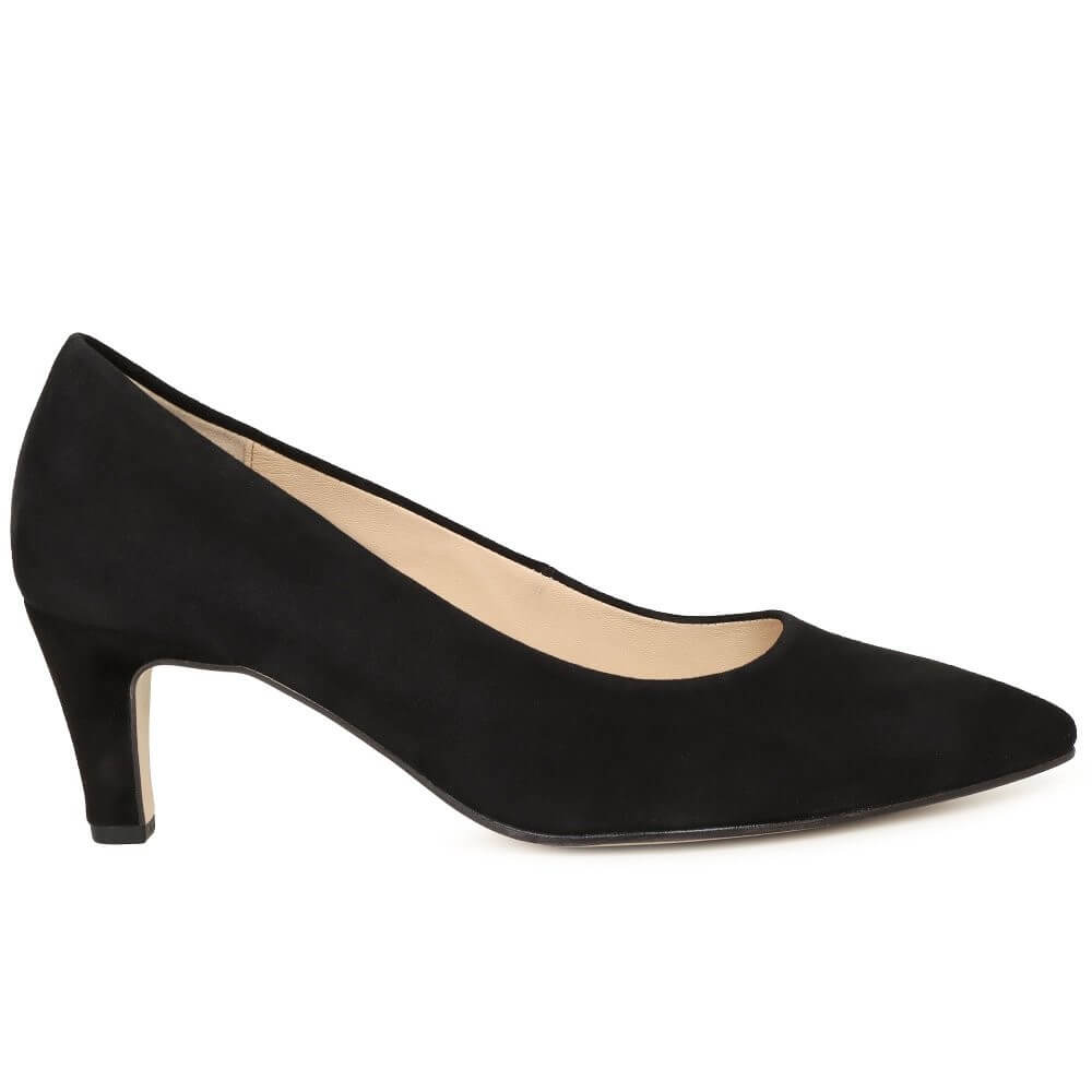 A Gabor black suede pointed-toe pump with a mid-height kitten heel, on a white background.