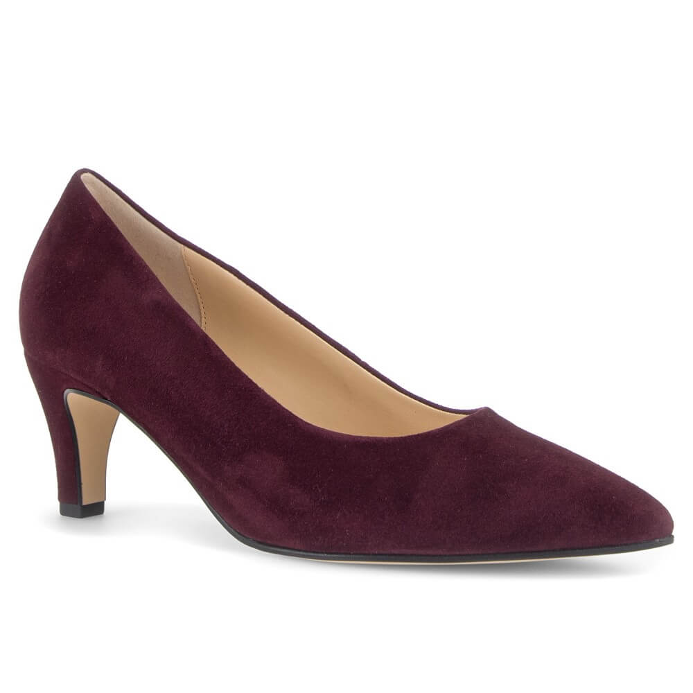 A Gabor women's pointed-toe pump shoe in deep burgundy suede, shown from a side profile on a clean white background.