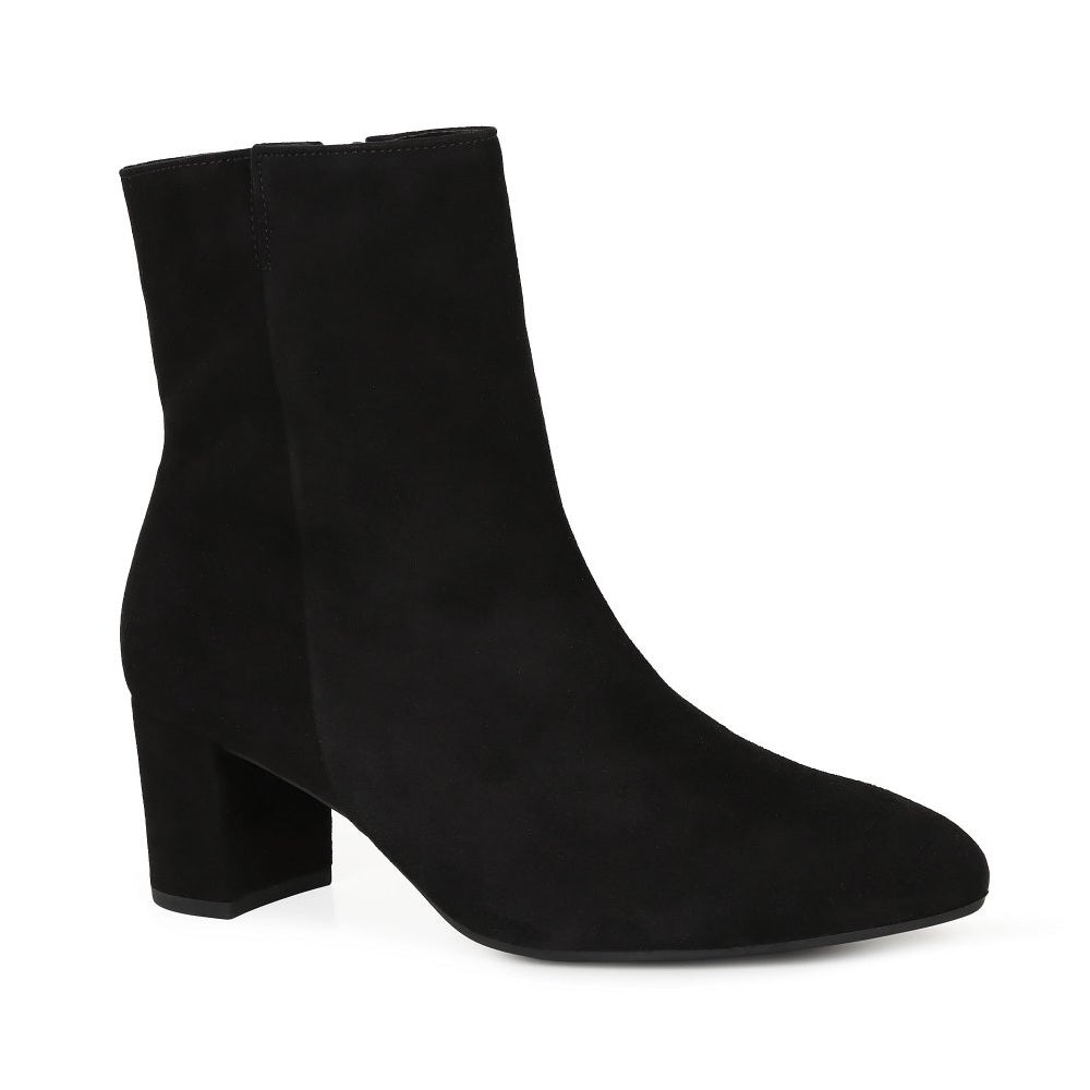 A Gabor single black suede ankle boot with a chunky block heel and rounded toe, shown from a side profile on a white background.