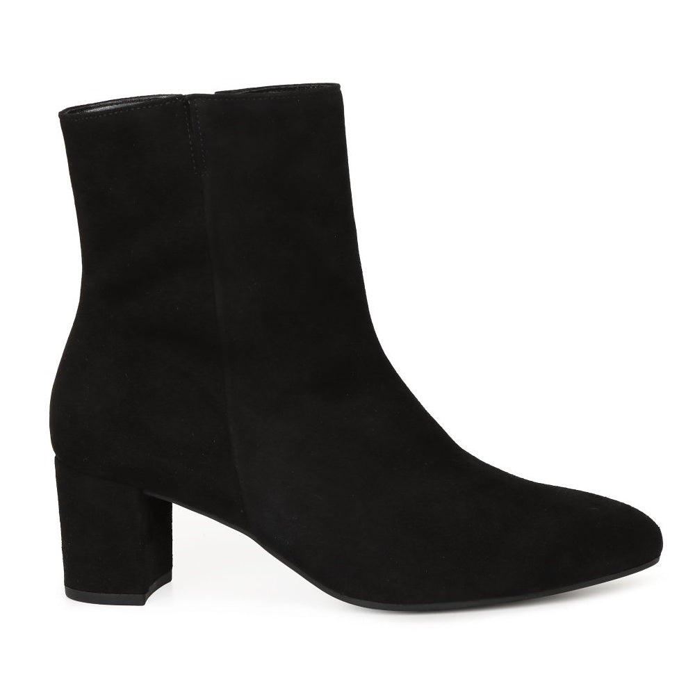 A Gabor black suede ankle boot with a chunky block heel and a pointed toe, shown in a side profile on a white background.