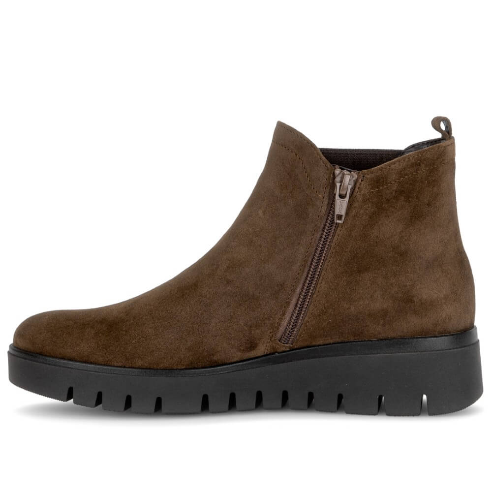 A Gabor brown suede ankle boot with a side zipper and a chunky black lug sole, shown from a side profile view on a white background.