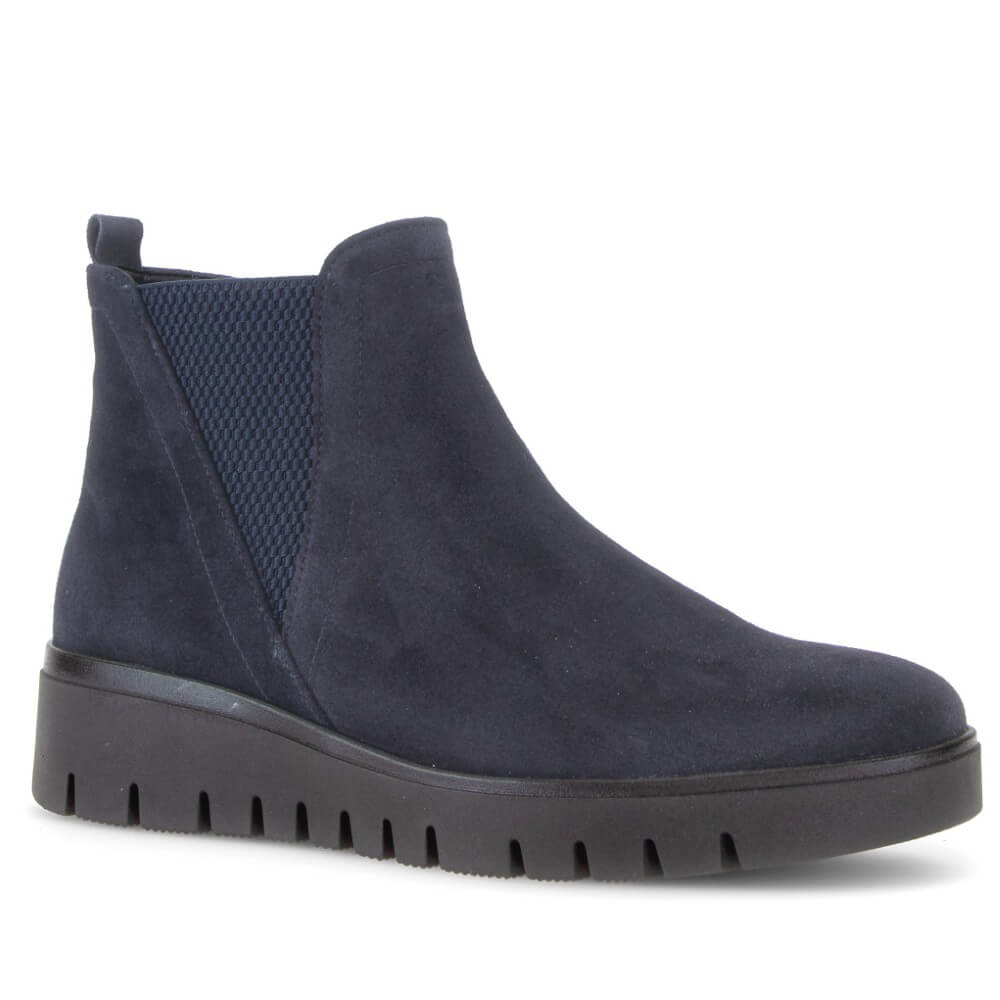 A Gabor navy blue suede ankle boot with a side elastic gusset  and a chunky black lug sole, shown from a side profile view on a white background.