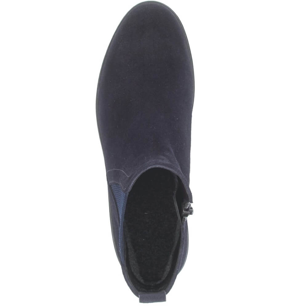 A single dark navy blue suede ankle boot shown from a top-down view against a plain white background.