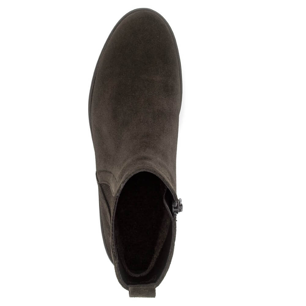 A single dark brown suede ankle boot shown from a top-down view on a plain white background.