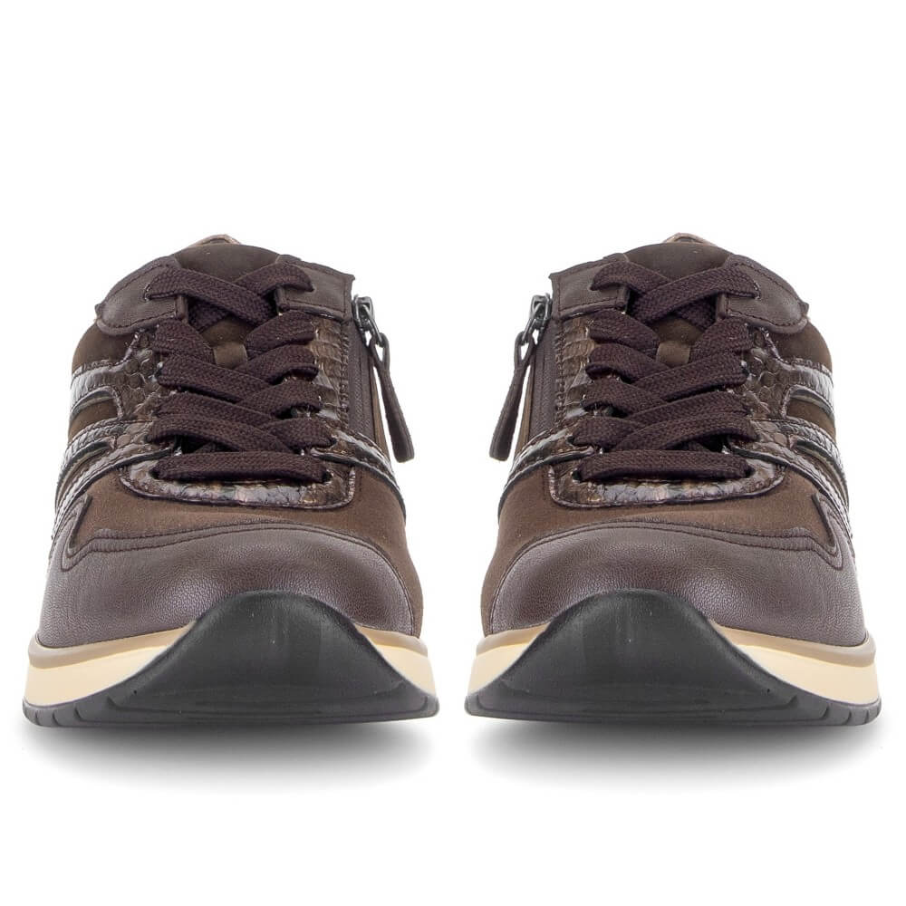 A pair of Gabor dark brown low-top sneakers shown from the front, featuring dark brown laces, textured side panels, side zippers, and a black and beige midsole.